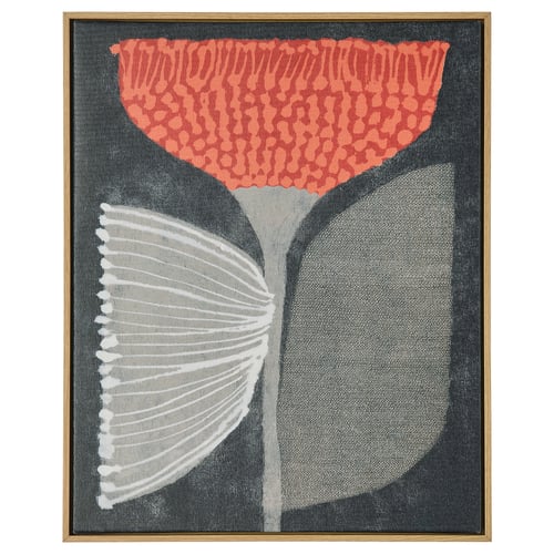 Abstract art: red, black, white shapes; oak frame; recycled canvas.