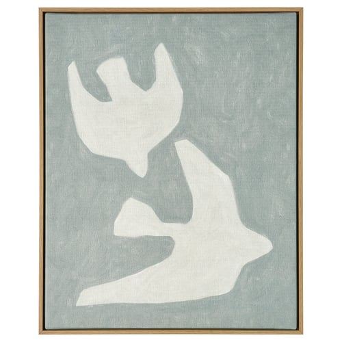 Framed canvas art: BLODFLÄDER by maja gunnarsdottir. Abstract white shapes on grey, oak effect frame.