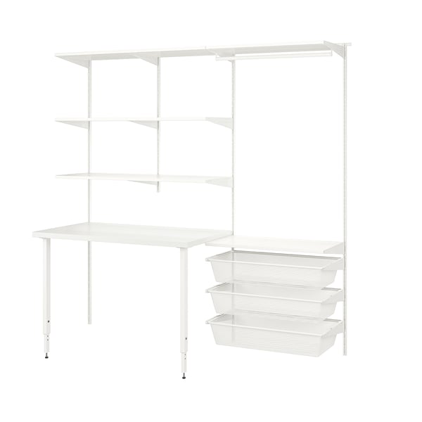 A white BOAXEL storage system, including wall-mounted shelves, drawers, and a table. Modern and functional design for efficient use of space.