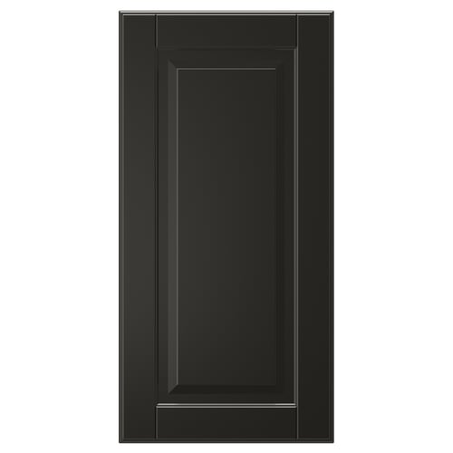 A black BODBYN cabinet door with a classic bevelled panel design, smooth lacquered surface.