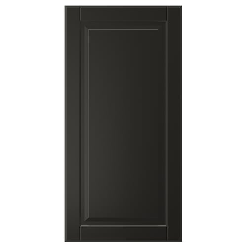 A black BODBYN cabinet door with a sleek, bevelled panel design. Its glossy finish is effortless to clean.