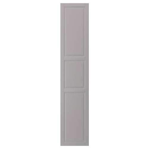 A grey BODBYN cabinet door with bevelled panels, offering a classic look. Made from fibreboard, its smooth, easy to clean, and has a durable finish.