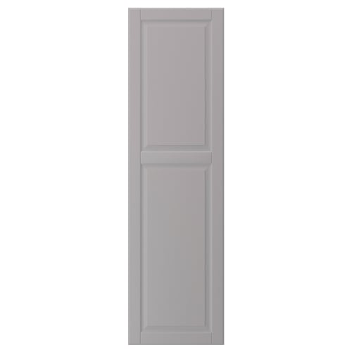 A grey BODBYN cabinet door with a bevelled panel design. The door is rectangular with a smooth lacquered finish, providing a clean and modern look.