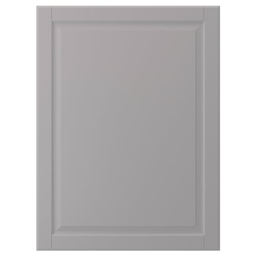 Displays a light grey rectangular cabinet door with a smooth, bevelled edge design made from fiberboard.