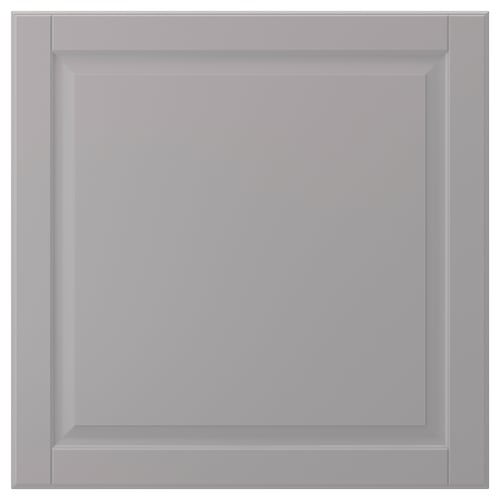 Grey square BODBYN cabinet door with bevelled panel, lacquered finish.