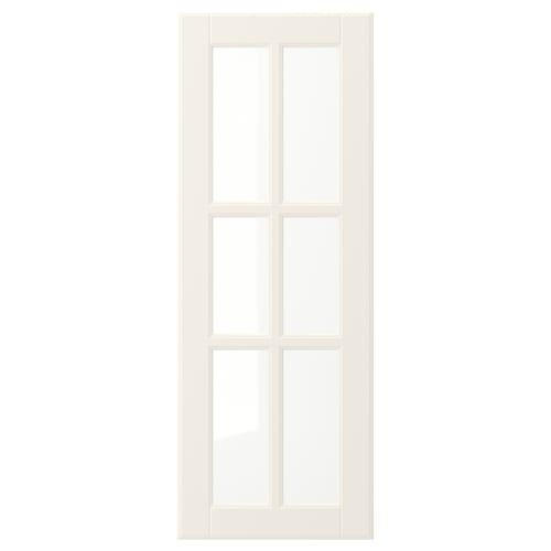 A white BODBYN door with a six-panel design, smooth lacquered finish, and tempered glass panels, offering a traditional and clean aesthetic.