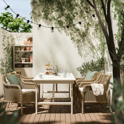 BONDHOLMEN / ULVEVÄR Table+6 chairs w armrests, outdoor, white/beige plastic rattan brown/Kuddarna light grey-beige, 235x90 cm