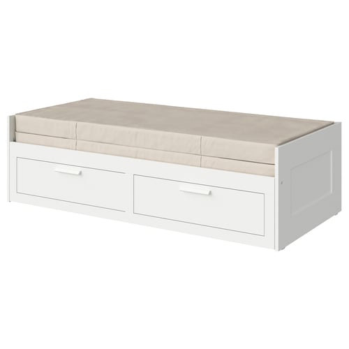 White BRIMNES dual-use sofa-bed with 2 drawers, beige lining.