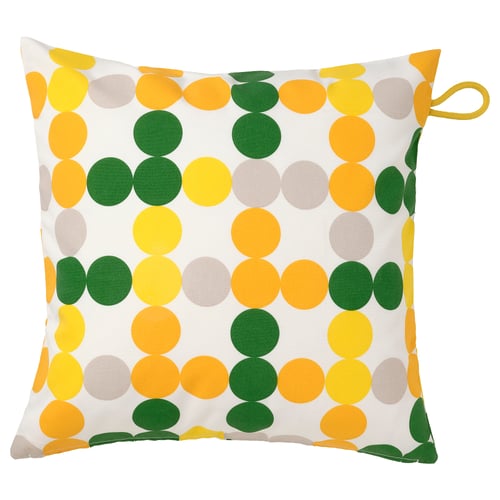 BRÖGGAN square cushion with bright dots in yellow, green, and grey on white. Colourful, water-resistant, and made from recycled polyester.