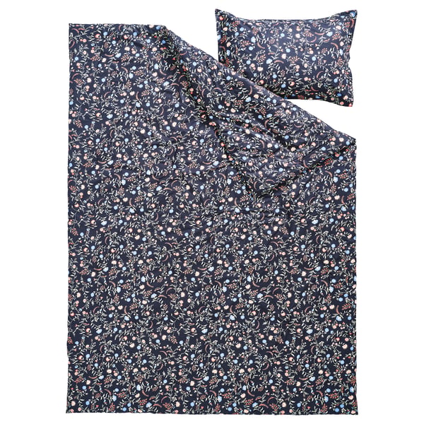 BRUDKRUSBÄR Comforter set, black/floral pattern, 150x200/50x80 cm
