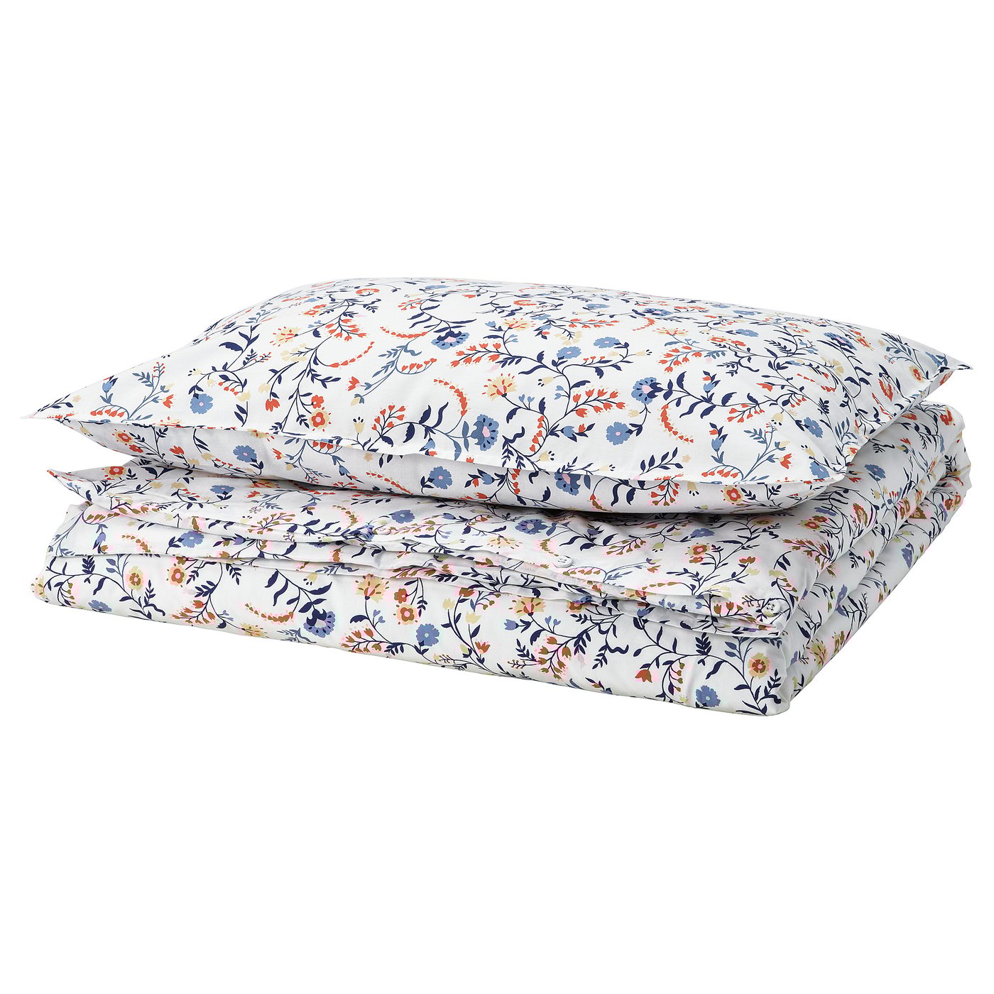 BRUDKRUSBÄR duvet set, white with blue & red floral print, 100% organic cotton, soft, rectangular.