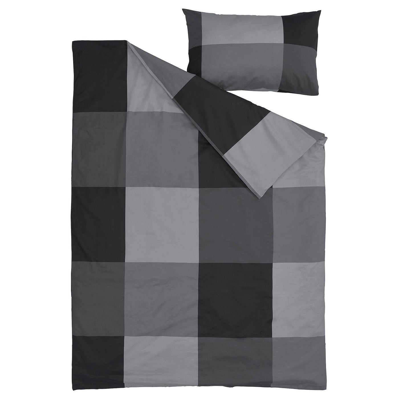 BRUNKRISSLA bedding set: black, grey squares, cotton/viscose, rectangular.