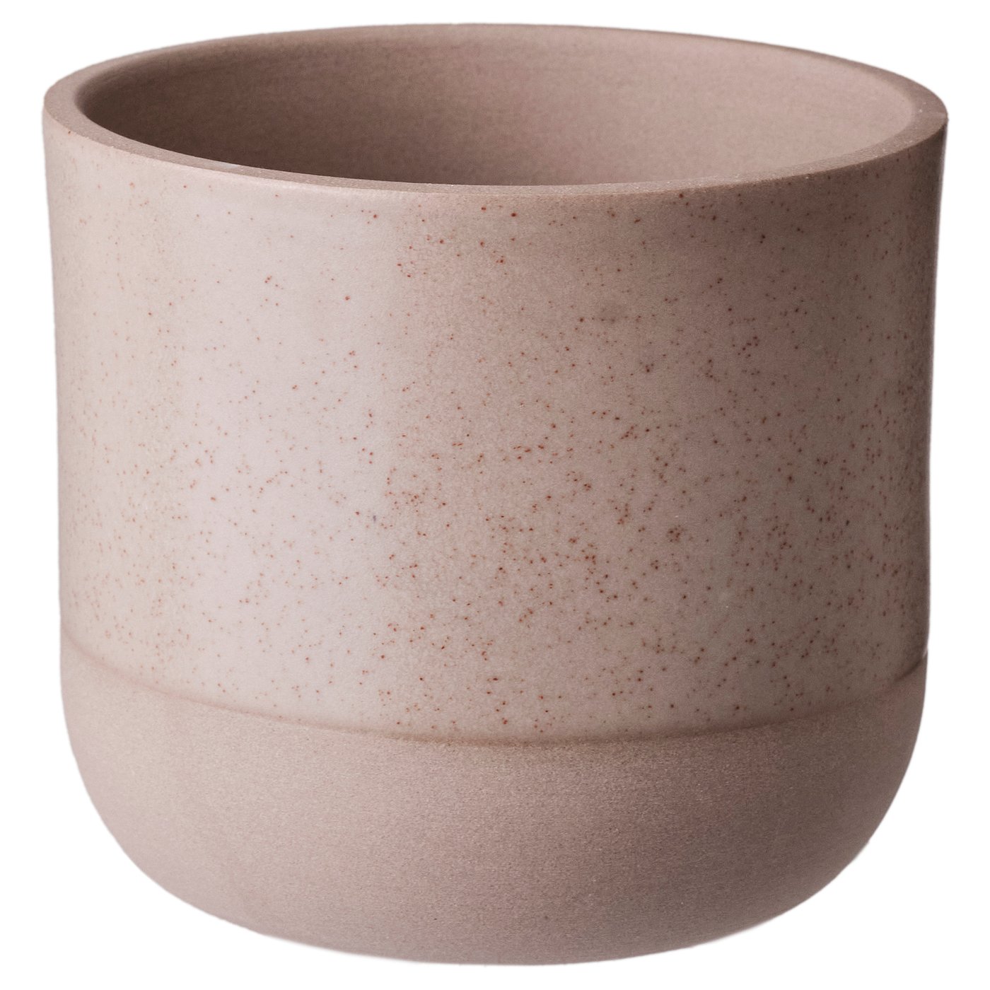 Light pink BUSKKAPRIFOL planter, round with speckled glaze, soft shape, stoneware.