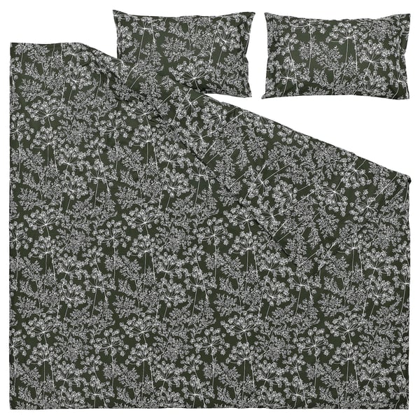 DAGGBJÖRNBÄR bedding set in dark green with white floral pattern, made from recycled cotton and lyocell. Includes duvet and two pillow shams.