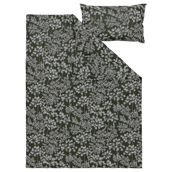 A DAGGBJÖRNBÄR duvet and pillow cover set. Deep green with white floral print, rectangular, cotton/lyocell blend.