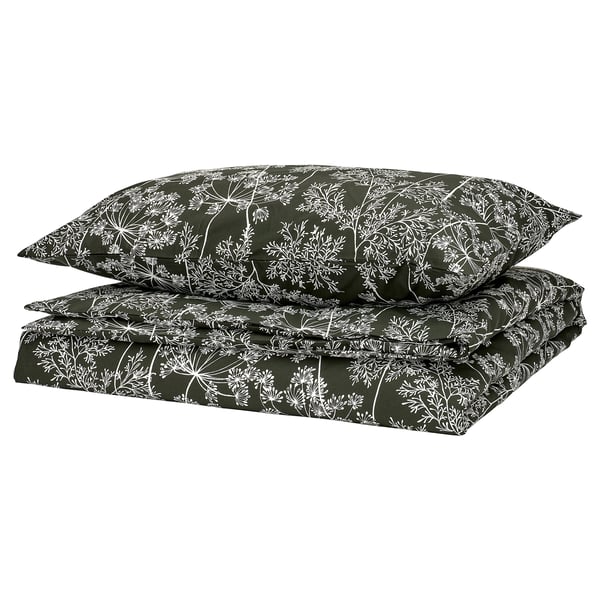 DAGGBJÖRNBÄR Duvet cover and pillowcase, dark green/floral pattern, 150x200/50x80 cm