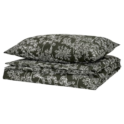 DAGGBJÖRNBÄR Duvet cover and pillowcase, dark green/floral pattern, 150x200/50x80 cm