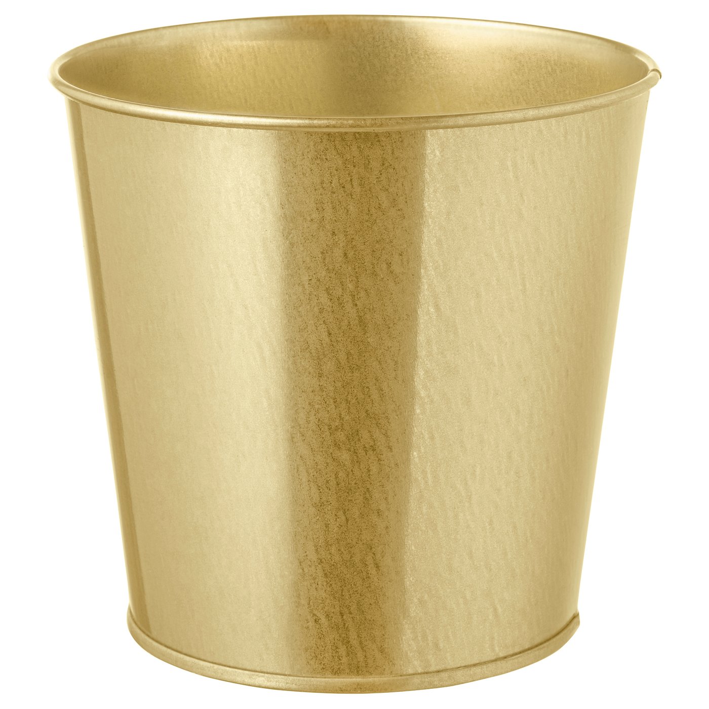 Displays a golden metal planter named DAIDAI. It is cylindrical with a smooth surface, perfect for indoor plants.