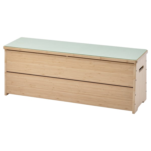 DAJLIEN: light wood bench with green cushion, multifunctional for storage, exercises, or seating.