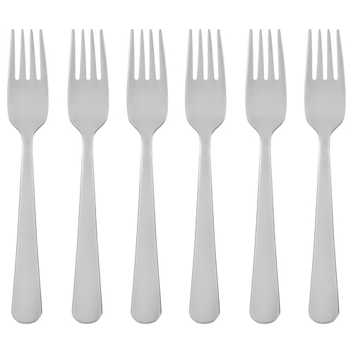 Six silver stainless steel forks with long, slender handles and four tines, arranged neatly in a row.