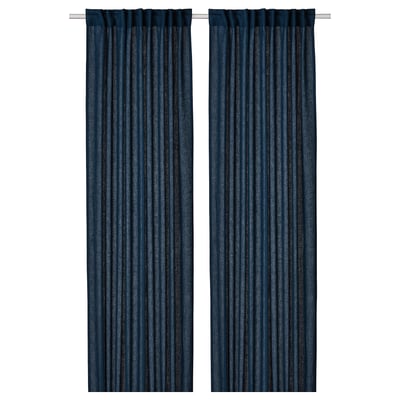 Two dark blue DYTÅG linen curtains with pleated design, hanging straight and evenly.