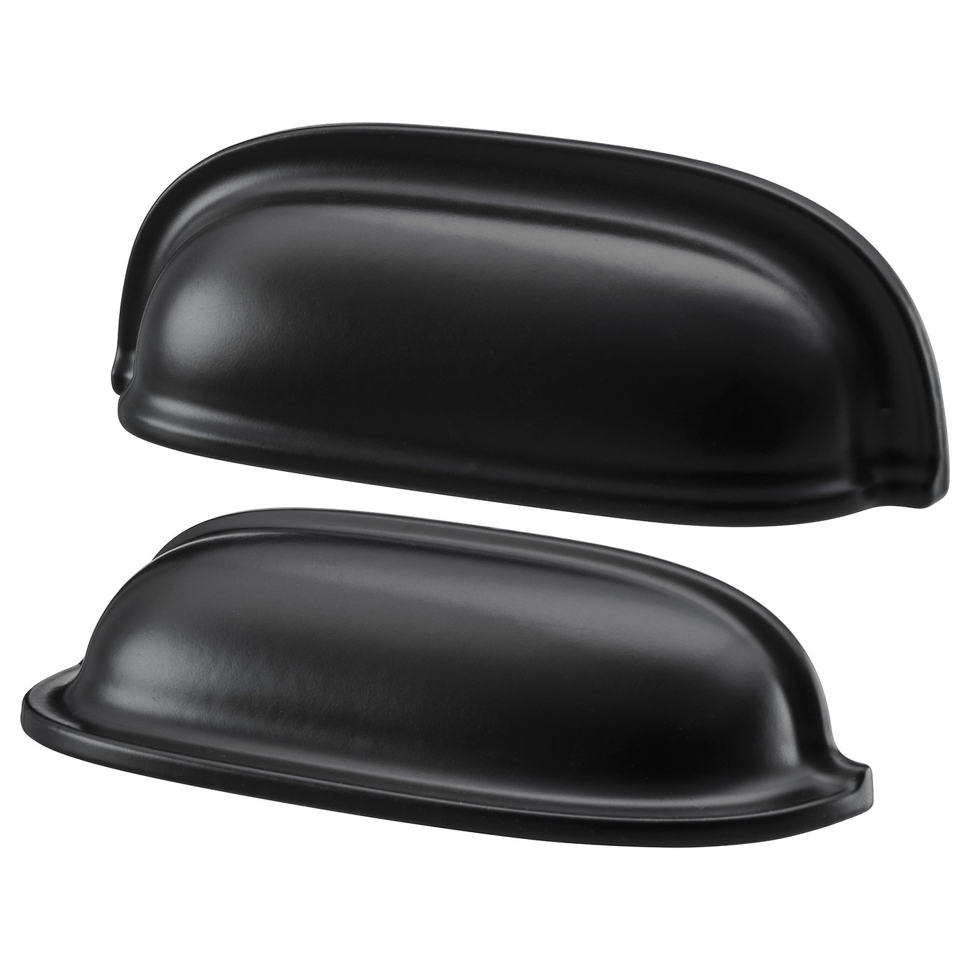 Two black cup-style cabinet handles. They are sleek, elongated, and made from aluminium with a smooth finish. Ideal for a modern, minimalist look.