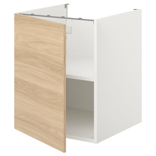 White cabinet with oak door, one shelf, and smooth sliding system.