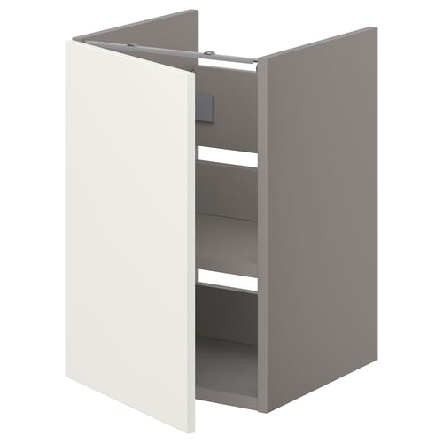 ENHET bathroom cabinet, white, rectangular, grey interior, two shelves.