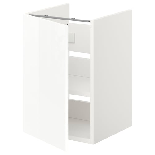 ENHET white bathroom cabinet, narrow design, glossy door, three shelves, modern, easy clean.