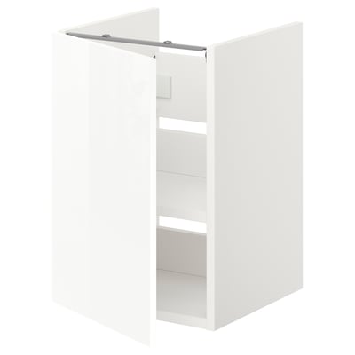 ENHET white bathroom cabinet, narrow design, glossy door, three shelves, modern, easy clean.
