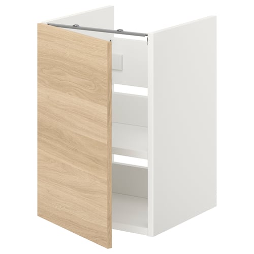 Wooden ENHET cabinet, light oak, white inside, left open, slim. Characters: 42