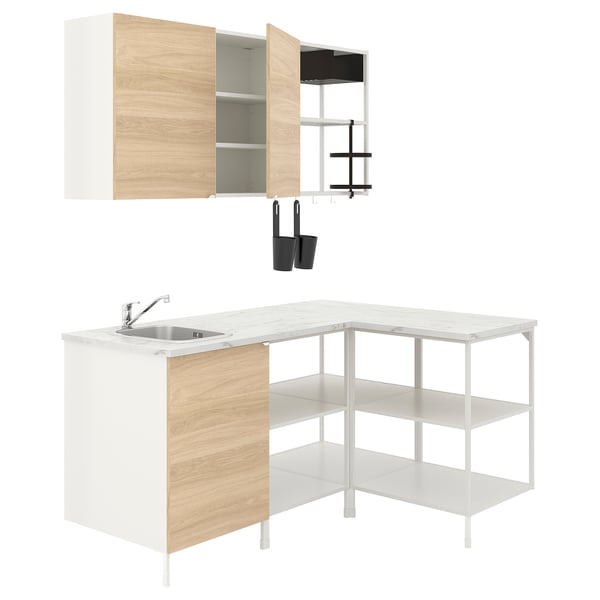 ENHET Corner kitchen, white/oak effect