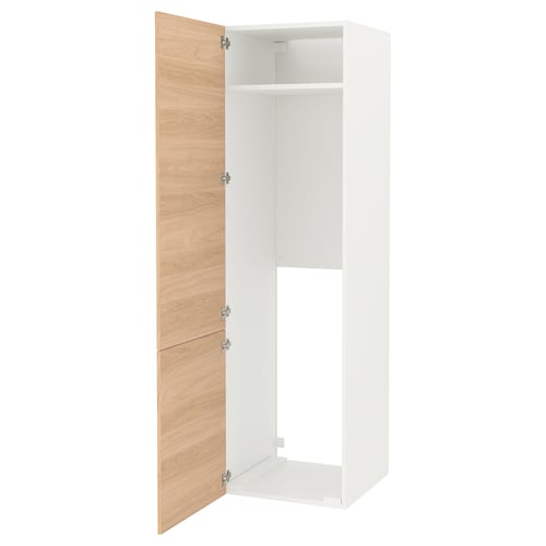 White ENHET slim kitchen cabinet, oak doors, hinged refrigerator/freezer.
