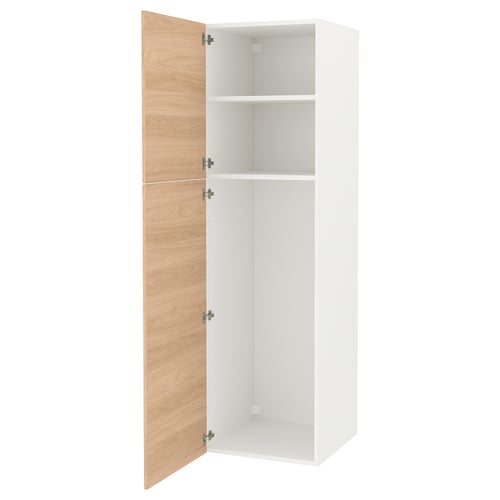 An ENHET white cabinet with oak doors, featuring two shelves inside. Its designed for storage and has a sleek, modern look.