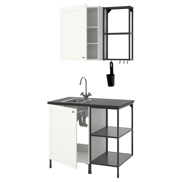 Modern kitchen setup with white cabinet, black countertop, sink, and open shelves. Includes a wall-mounted cabinet and hooks.