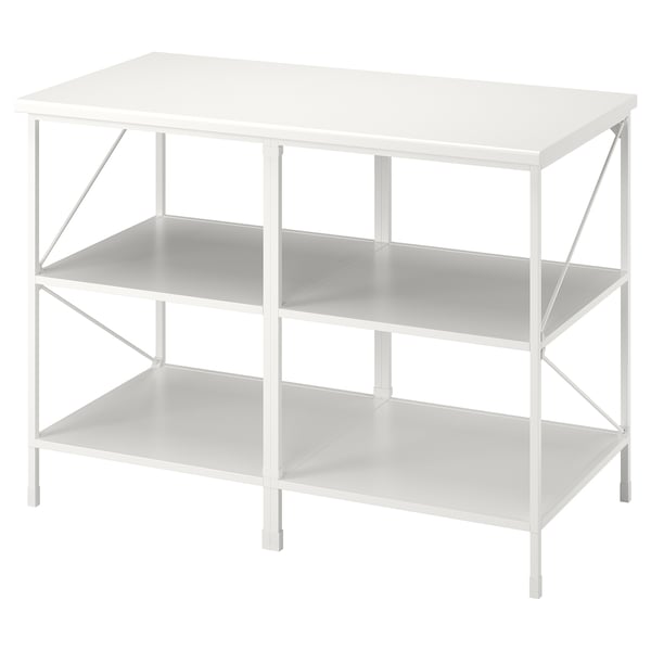 White ENHET kitchen island with 3 open shelves for food prep and storage.