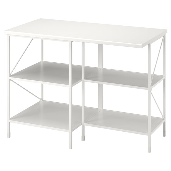 ENHET kitchen island, white. Three shelves, rectangular top, metal frame, modern design.