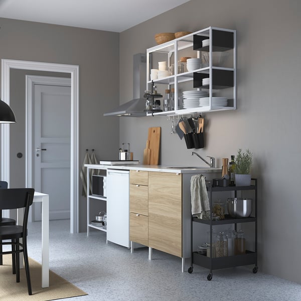ENHET Kitchen, white/oak effect, 223x63.5x222 cm
