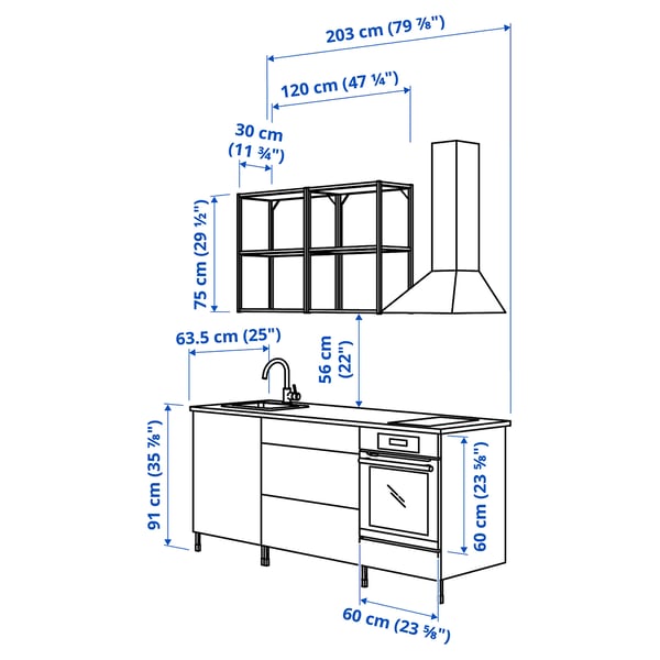 ENHET Kitchen, white/oak effect, 203x63.5x222 cm