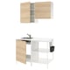 Modern kitchen setup with light wooden and white cabinets, stainless steel sink, and open shelving.