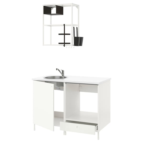 White kitchen set: sink, shelves, cabinets; modern, minimalist design.