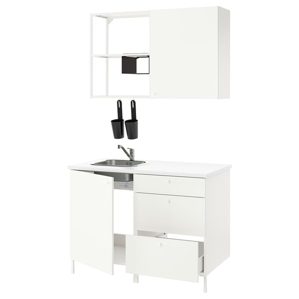 ENHET white kitchen set. Includes sink, cabinet, wall unit, and hooks.