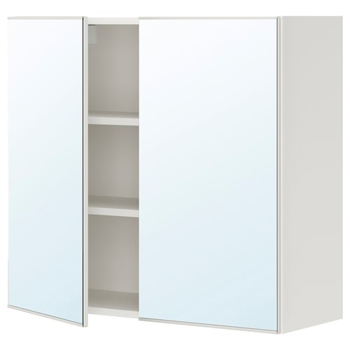 A white ENHET bathroom wall cabinet with two mirrored doors and inner shelves for storage.