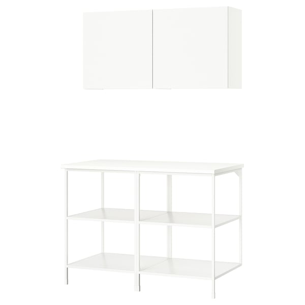 White ENHET kitchen storage with open shelves and wall cabinet.