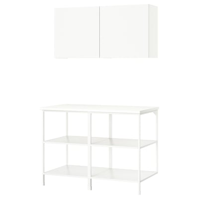 White ENHET kitchen storage with open shelves and wall cabinet.
