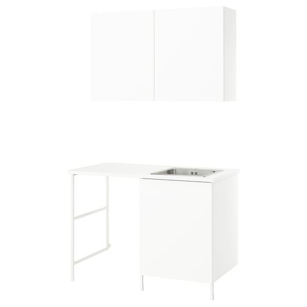 ENHET white laundry cabinet set with sink, stainless steel bowl, stainless steel feet, and wall cabinet.