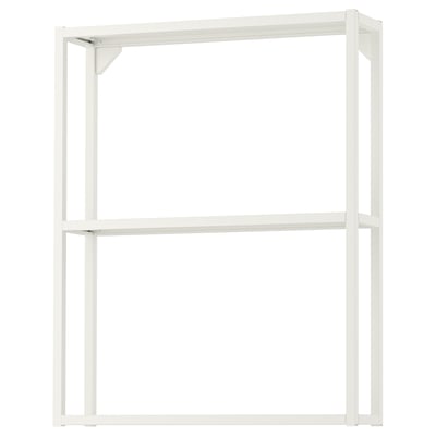White ENHET open shelving unit; minimalist design; 3 tiers; steel frame & shelves.