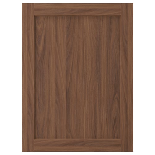 A dark brown wooden cabinet door with a classic, framed design.