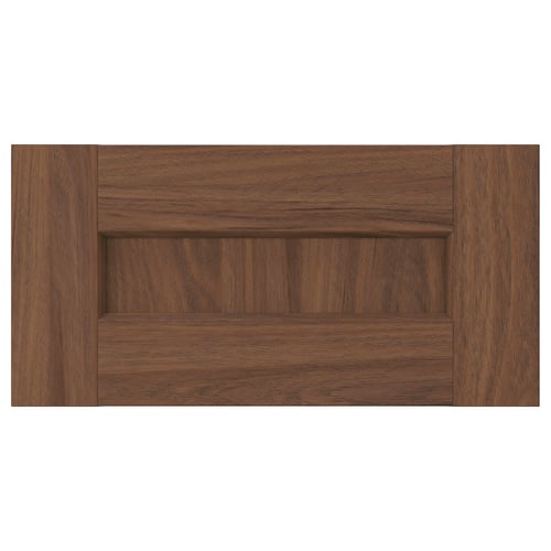 A brown wooden drawer front, square-shaped, with a subtle grain design.