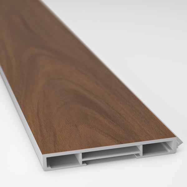 Wooden textured plinth in rich brown walnut, showing durable, grainy finish.